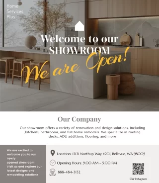 Welcome to our SHOWROOM
‏Our showroom offers a variety of renovation and design solutions, including kitchens, bathrooms, and full home remodels. We specialize in roofing, decks, ADU additions, flooring, and more
!‏Looking forward to seeing you soon

🗝️🎉🎉